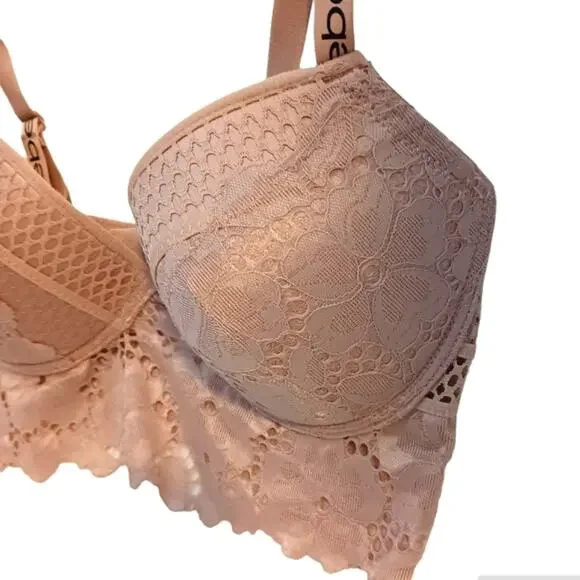 bebe Bustier 38C Lace Fringe Bra CHAMPAGNE DUSK Lace Trim Edge w Sporty Straps - Picture 4 of 13